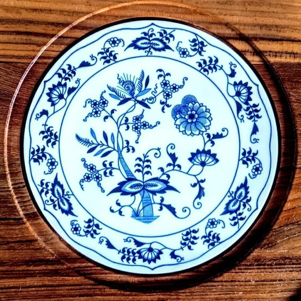 Vintage Dolphin Teakwood Cloche Blue White Center Tile Cheese Board